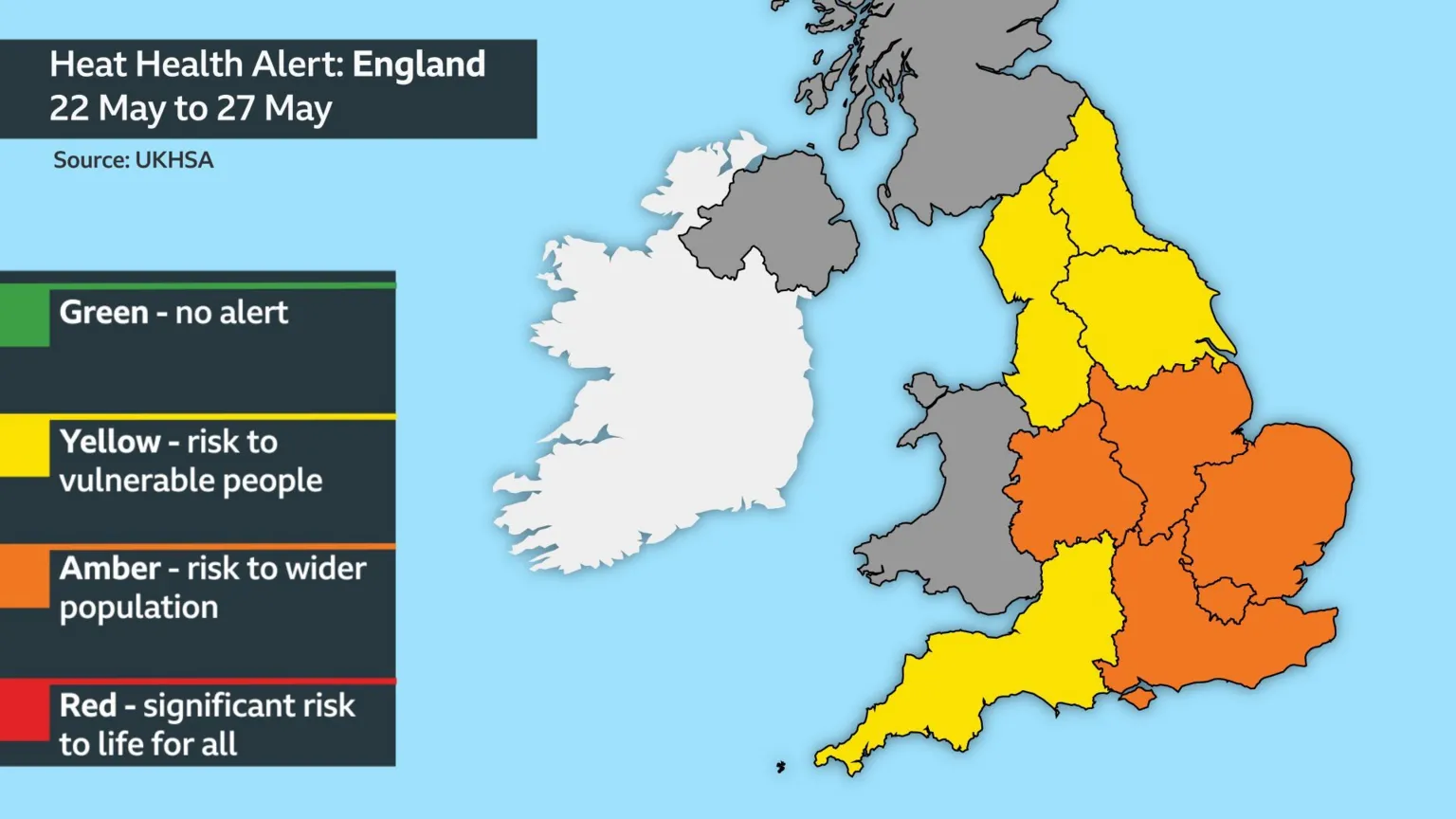 map of England and Wales with the West and East Midlands, East of England, the South East and London highlighted in amber meaning there is an increased risk of heat related illness across the wider population. The North East, North West, Yorkshire and The Humber and South West of England are highlighted in yellow, meaning a risk to vulnerable people. The heat health alerts are in force until 17:00 on 27 May.